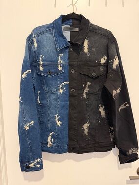 🔥🎨🔥 KDNK Split Blue & Black Paint-Splatter Denim Jacket -Size L